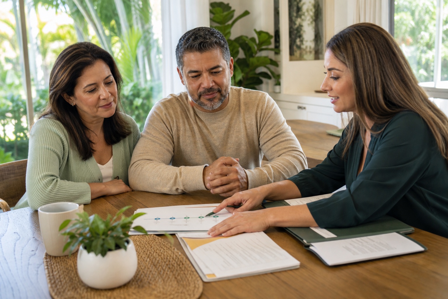Propietarios revisando un plan de refinanciamiento con una asesora